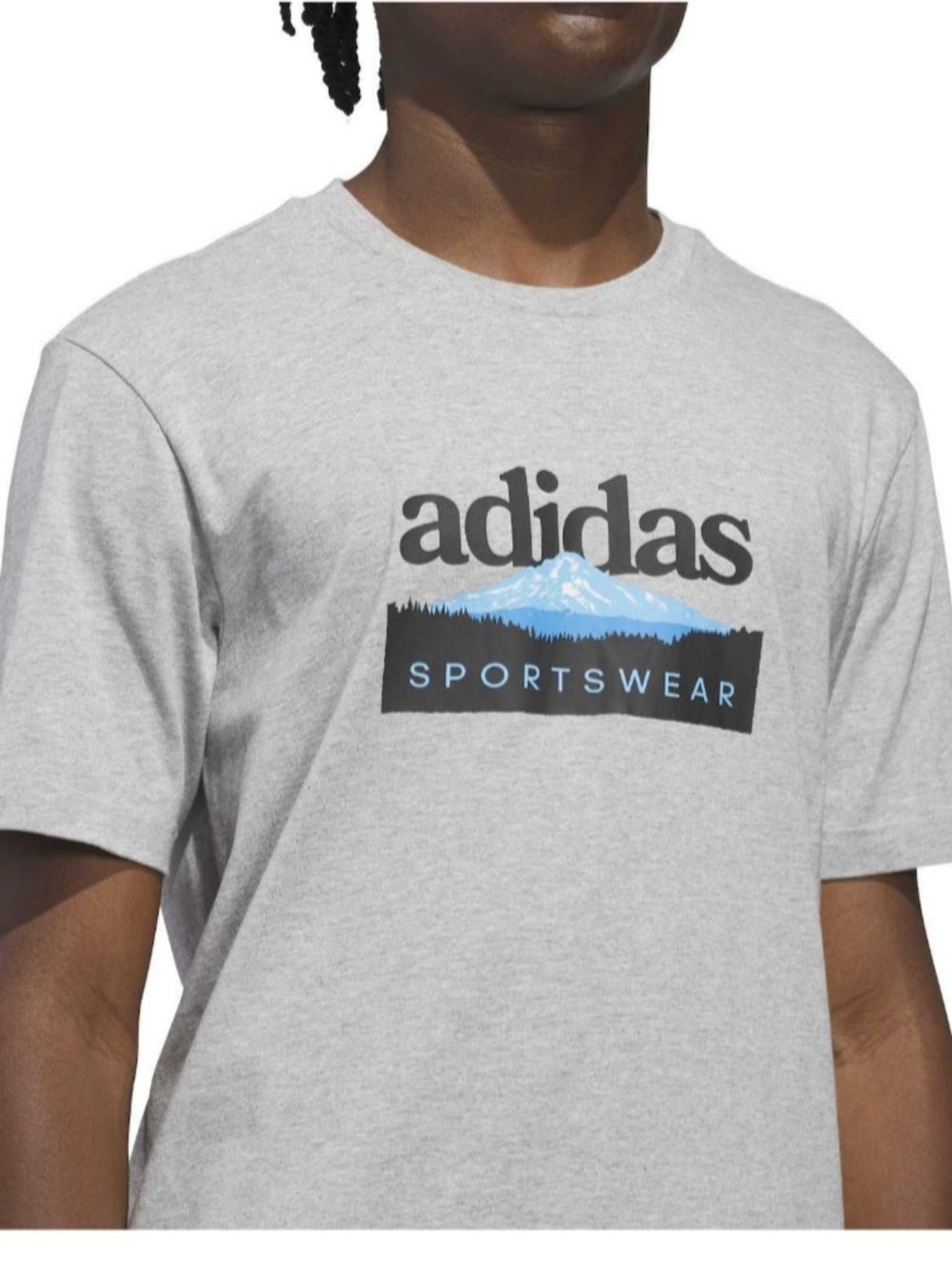 adidas Light Gray Short Sleeve Sportswear Logo Tee with Blue Mountain Graphic